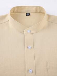 1 pièce Chemise à col montant à manches longues beige pour hommes, top polyvalent décontracté chic, coupe slim anti-froissage facile d'entretien, "Best-seller" Tenue de travail