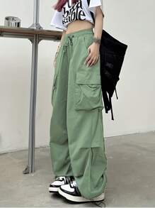 Women Parachute Drawstring Pockets Cargo Pantalones Casual Loose Fit Baggy Pants  Y2k Clothing - màu xanh lá - Xem 3