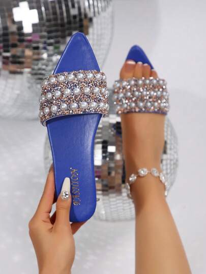 PEIYUMI Women Pearl Pointed Toe Slippers, Summer Beach Fashion