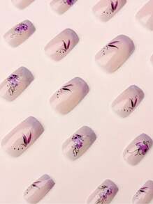 24Pcs Short Square Fake Nails, Cute Petal Decal Gradient Purple Wearable Artificial Nails Full Coverage Removable Manicure Set, Suitable For Ladies Party, Wedding & Daily Wear, European & American Valentine'S Day Press On Nails Nail Supplies Nails - Mauve Purple - View 3