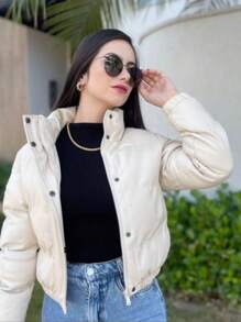 Jaqueta couro puffer femenina, forrada, com touca, estilosa, noite, frio, casual, com bolso, super quente. - Branco - Visão 4