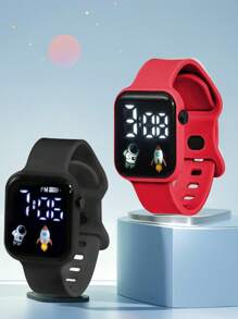 2 piezas/1 pieza Nuevo reloj electrónico digital cuadrado con pantalla LED para dama, diseño de astronauta y avión, correa con hebilla, reloj de pareja de moda minimalista, adecuado para San Valentín, Halloween, Navidad, regalos para amigos, mejores regalos de cumpleaños y uso diario - Multicolor - Ver 10