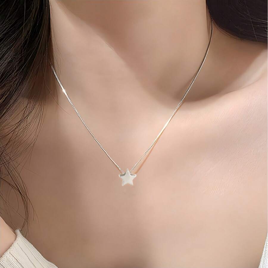1 件简约 925 纯银星形吊坠项链，小巧优雅闪亮时尚百搭，适合日常休闲佩戴和与朋友聚会 - 銀色 - 查看 1