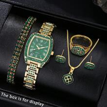 6 Stücke elegantes und modisches, funkelndes Luxus Damen Uhren-Set mit Halskette, Ohrringe, Armband, Ring, mehrere Farboptionen, ideal als Geschenk für den täglichen Gebrauch, Geburtstag, Party, Schulanfang, Muttertag und andere Feiertage