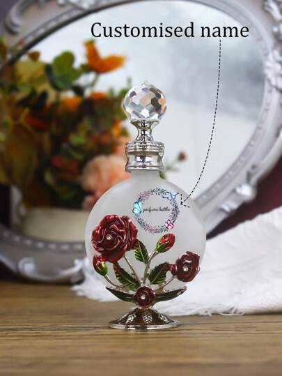 Botella de perfume vintage hermosa de 15 ml de alta calidad con esmalte de rosa, personalizable con impresión, monograma y fotografía, rellenable, dispensador de perfume y aceites esenciales para viaje, regalo perfecto para mujeres (solo la botella vacía, sin perfume)