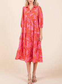 Womens Casual Boho Chic Floral Print Tiered Midi Dress Tropical Orange Pink Abstract Pattern V Neck Three Quarter Puff Sleeve Loose Fit Summer Beach Vacation Party Dress