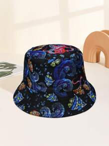 1 件女士海洋动物印花双面渔夫帽，鲨鱼、章鱼、水母图案，适合日常使用