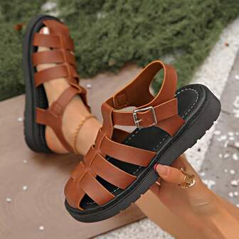 Women's Hollow-Out Platform Roman Sandals, Closed Toe Thick Heel Woven Summer Shoes, Size 36-43