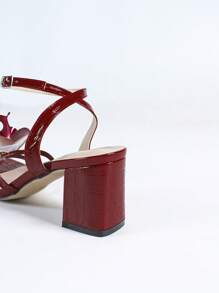 女士高跟凉鞋，粗跟方头3D立体花卉百合花纹皮革性感露趾优雅派对鞋，玫瑰红，春夏装扮 - 玫瑰紅 - 查看 8