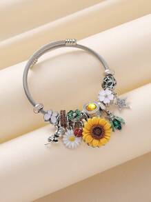 1 件优雅优质手工水钻花朵、星星、玫瑰、皱褶雏菊、向日葵、甲虫吊坠不锈钢手镯，百搭女士礼物，适合海滩、派对、休闲装 - 彩色 - 查看 7