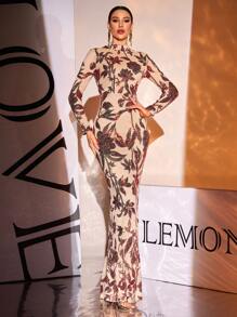 Suknia wieczorowa maxi z długim rękawem i zdobieniem z cekinów (wzory z przodu i z tyłu mogą się różnić), sukienka imprezowa, sukienka dla gości weselnych, sukienka formalna, suknia - Czerwony - Zobacz 1