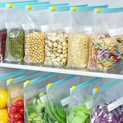 60PCS 可重复密封保鲜食品储存袋 加厚冰箱冷冻室谷物储存袋 厚冷冻袋 适用于微波炉加热 蓝色 用于长期保存和整理食物 60/30/1 套