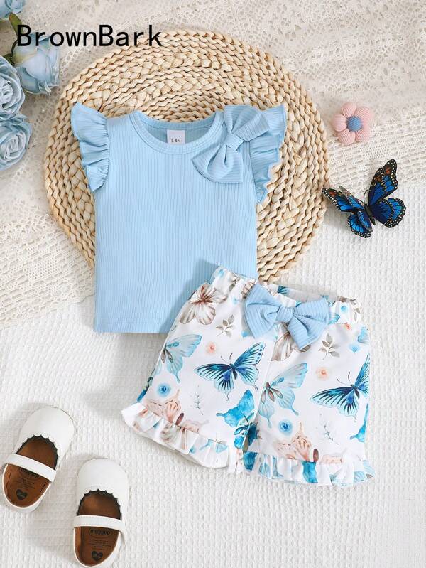 BrownBark 2pcs Baby Girl Sweet Set, Ruffle Trim Bow Decor Pullover Top + Butterfly Flower Print & Bow Trim Shorts, Casual Outdoor Daily Wear, Spring/Summer