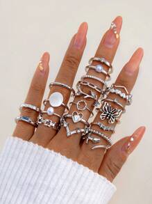 imoli 3 件/4 件/6 件/8 件/10 件时尚简约合金圆形星形几何褶皱拱形粗珠宝指节戒指套装女士派对礼物