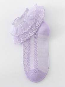 1 Pair Girls' Double-Layer Lace Trim Soft Breathable Cute Princess Style Socks, Back To School Gift - Purple - View 5