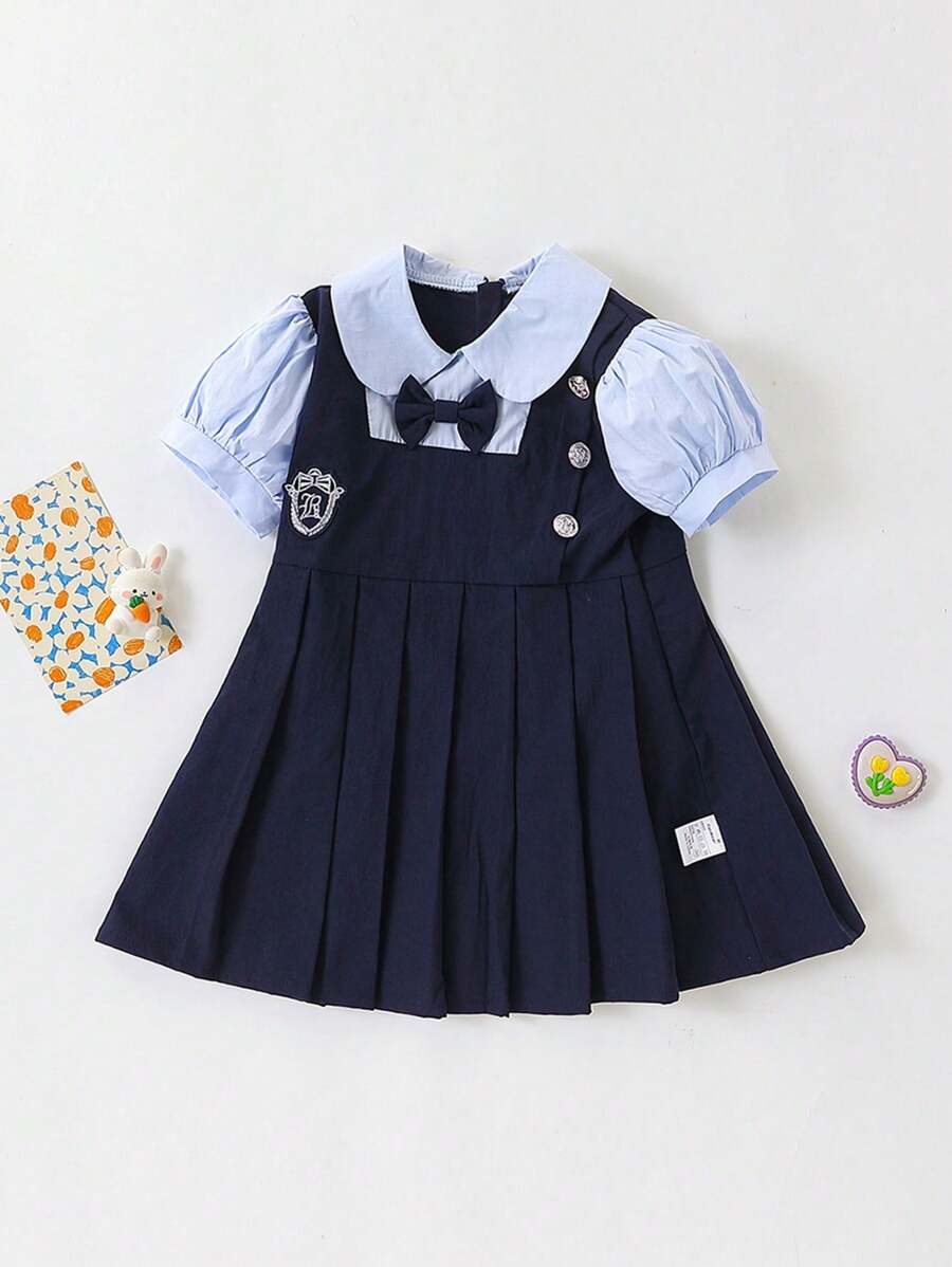1 件装年轻女孩学院风刺绣蝴蝶结装饰二合一泡泡袖夏季连衣裙 - 藍色 - 查看 1