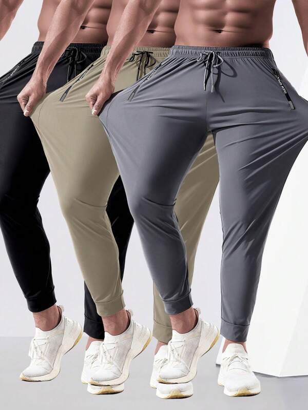 Quick-Dry Comfortable Ice Silk Sports Pants, Boyfriend Style Men's Casual Running Pants, Zipper Pocket, High Elasticity Waistband With Drawstring, Suitable For Summer Gym Workout,Training And Fitness,Breathable Drying Trousers,Basic Sweatpants,Outdoor Exercise