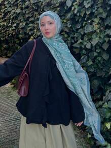 1pc Women's Bohemian Style Spring Ink Painting Batik Print Veil Vela Hijab, Casual Street Style Hijab, Suitable For Daily Wear, Autumn For Abaya - Lake Blue - View 6