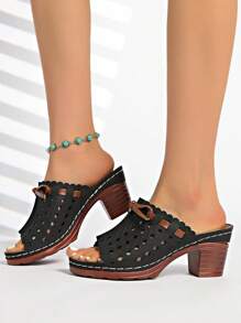 2025 New Summer Women Thick Heel Hollow Bowknot Sandals, Sexy Open-Toe High Heel Slippers