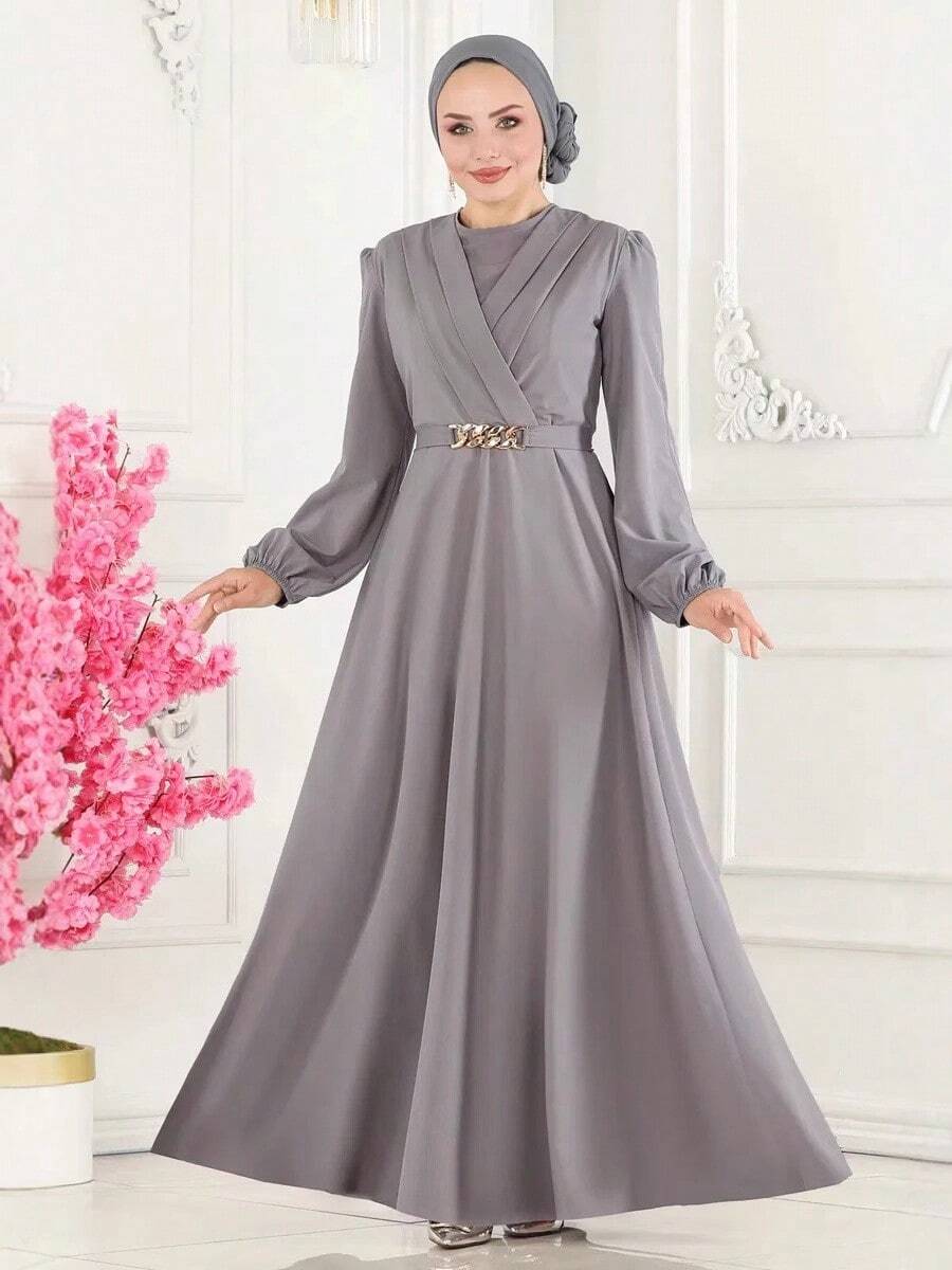 Women's Elegant Long Sleeve Round Neck Bishop Sleeve Arabic Style Dress With Wrap Detail And Zipper Spring - Grey - View 1