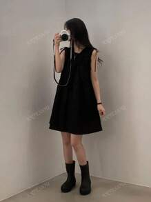 Petite Women's Vintage Pleated Bowknot Sleeveless Backless Mini Dress, Summer