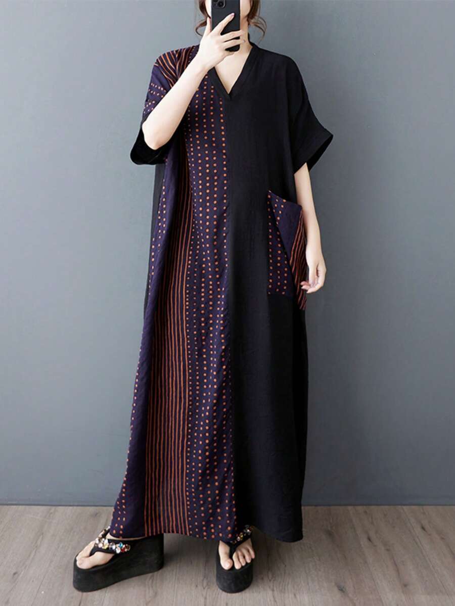 上衣，波西米亚风休闲度假连衣裙，女士优雅度假连衣裙，2025夏季女士大码V领短袖拼色宽松条纹连衣裙大口袋