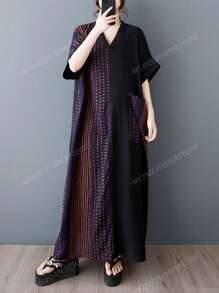 Bluse, Abito casual stile boho per vacanze, Abito elegante da donna per vacanze, Vestito estivo 2025 a righe, scollo a V, maniche corte, largo, con grandi tasche, adatto a taglie forti per donne