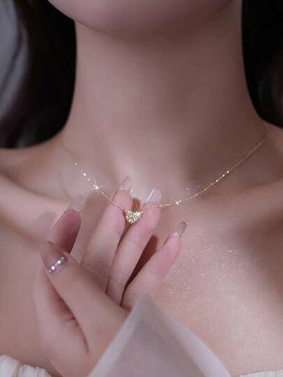 S925 Sterling Silver Romantic Heart Necklace, Minimalist Cubic Zirconia Inlaid Heart Pendant Necklace, Women Gifts