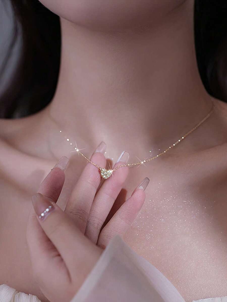 S925 纯银浪漫心形项链，简约方晶锆石镶嵌心形吊坠项链，女士礼物 - 愛心 - 查看 1