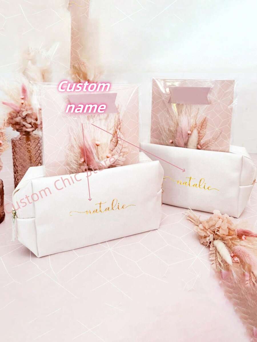 [Personalized ]Personalized Customized Name Faux Leather Lightweight Polyester Cosmetic Bag With Zipper Closure Easy To Clean Travel Toiletry Bag Gift - Multicolor - View 1