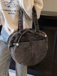 Women's Round Tote Bag, Versatile Casual Shoulder Handbag Large Capacity Denim Purse