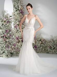 Fish Tail Big V-Back Wedding Dress Shoulder Strap Design Style Wedding Dress Lawn Wedding Outdoor Wedding Dress Bow Belt Design Wedding Dress Lace Style Wedding Dress,Bride - White - View 8