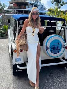 Elegant & Sexy Women's Beach Hollow-Out Bandeau One-Piece Swimsuit With Cover-Up & Skirt Set