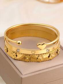 3 件时尚百搭精致高端花卉水晶四叶草心形可打开不锈钢手链套装，镀金防水珠宝，送给妈妈的礼物，适合女性日常佩戴、聚会和度假 - A款四葉草 - 查看 11