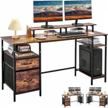 Escritorio Gamer 150 cm con Cajones y con Soporte para Monitor, Escritorio Minimalista,Escritorio para Computadora,Escritorios Modernos,Escritorio Industrial,Escritorio Top Living,para PC Gamer - Color caoba - Ver 1