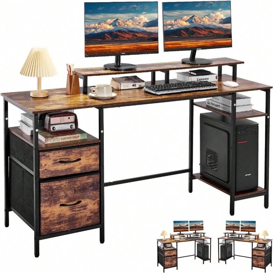 Escritorio Gamer 150 cm con Cajones y con Soporte para Monitor, Escritorio Minimalista,Escritorio para Computadora,Escritorios Modernos,Escritorio Industrial,Escritorio Top Living,para PC Gamer - Color caoba - Ver 1