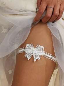 Accesorio de ropa interior sexy, elegante liguero de novia de encaje blanco, decoración de lazo de encaje, liguero de novia elegante, accesorio elegante de liguero para damas de honor