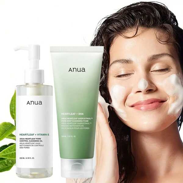 Dúo de limpiador doble para limpieza facial: Aceite limpiador para el control de los poros de la hoja de corazón y espuma limpiadora profunda de quercetinol de hoja de corazón para la doble limpieza, extracción de puntos negros, cuidado de la piel coreano