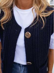 Áo len dệt kim nữ mùa xuân hè áo khoác không tay mùa xuân thu áo thun trơn bó giản dị - Màu xanh hải quân - Xem 4