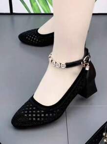 Black Mesh Hollow-Out Sandals, Soft Sole Fashion Mommy Stylish Flats For Summer 2025, Ladies Strappy Hollow Sandals New Summer Designs, Star Decor Mommy High Heel Sandals For Women