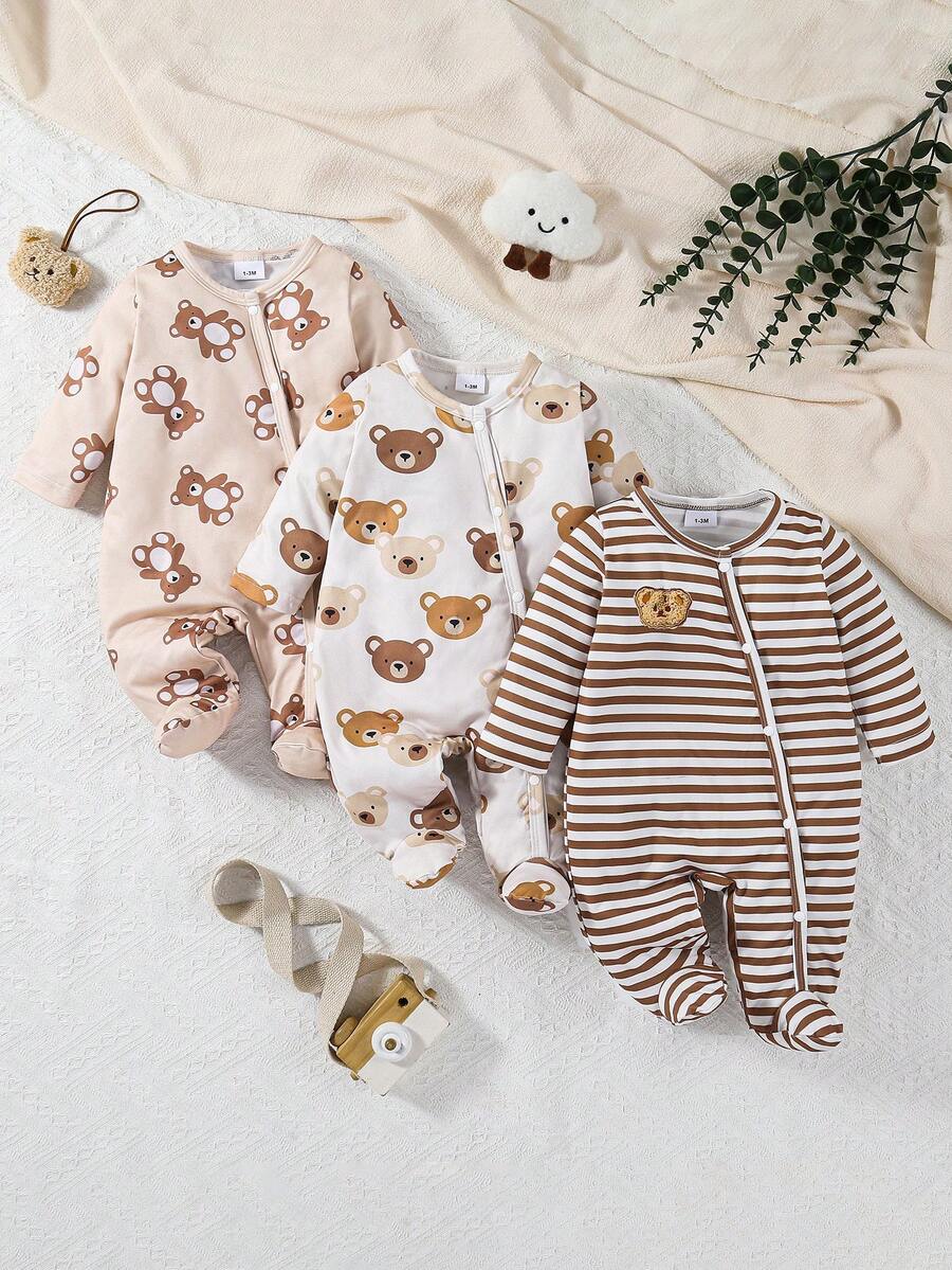 3pcs Baby Boy Cute Cartoon Bear Allover Print Allover Print Footie Jumpsuit Set
