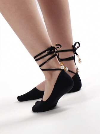 1 Paio Di Calzini Estivi Casual Senza Collo In Stile Nautico Per Donna, Fatti A Mano Con Perle Nere E Corda