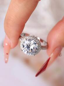 S925奢华欧美经典圆形方晶锆石钻石女士结婚戒指，适合订婚、结婚典礼、周年纪念、生日礼物，高端珠宝 - 銀色 - 查看 4