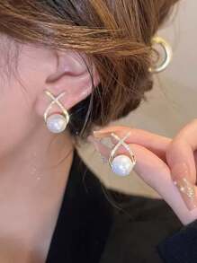 1 Pair Fashionable Elegant Crossed Rhinestone & Pearl Earrings