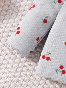 2 件套新生女童休闲甜美樱桃图案罗纹圆领长袖上衣和裤子套装，春秋季