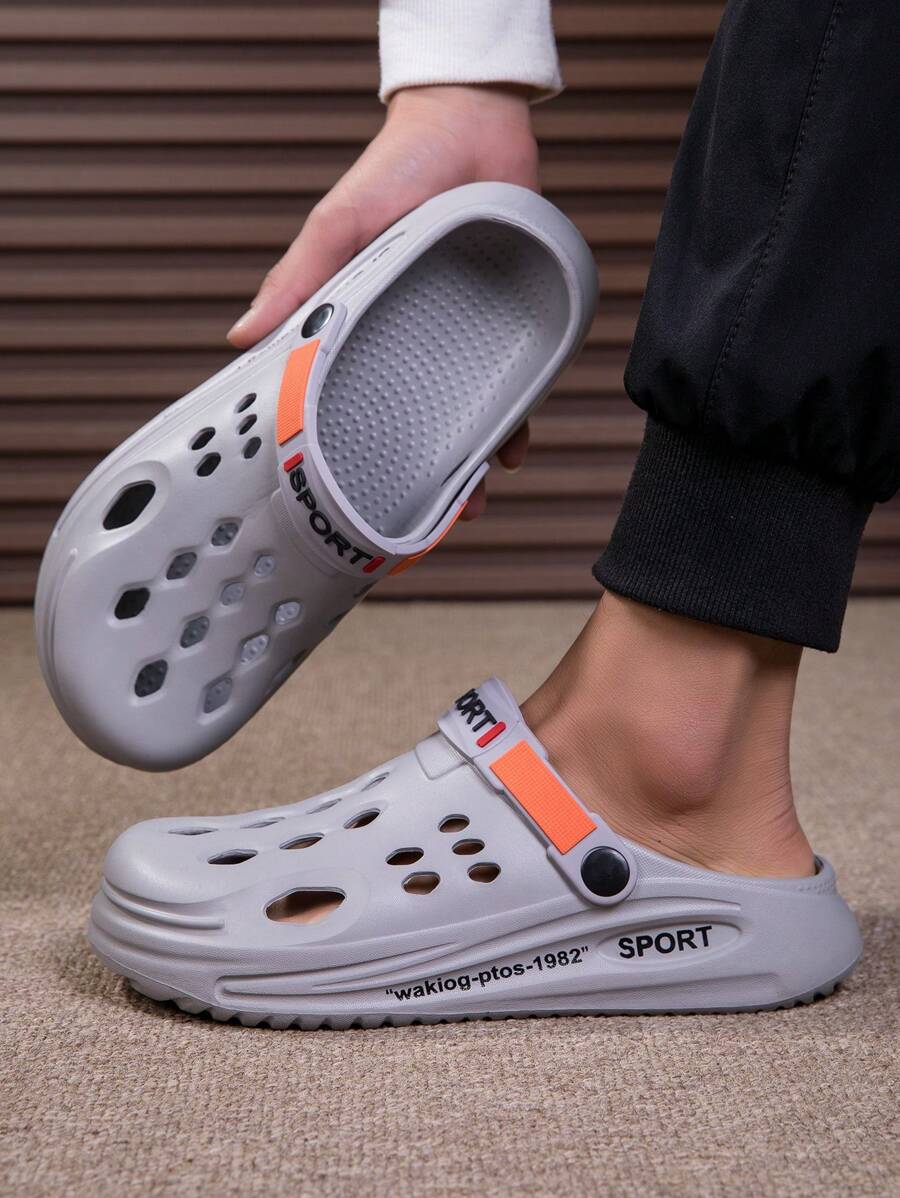 Men's Origami Hollow Slip-On Thick Sole Slippers, Minimalist Letter Print, Neutral Casual Suitable For Home, Gathering, Outdoor, Plus Size - Grey - View 1