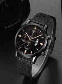 1 buah Jam Tangan Quartz Kasual Pria, Dial Bulat Minimalis, Tali Jala Logam, Hadiah Terbaik untuk Pria, Cocok untuk Liburan dan Pemakaian Sehari-hari - Hitam - View 3