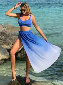 Letni damski konserwatywny zestaw kąpielowy ze spódnicą z siateczki gradientowej, wakacje, 3 szt.