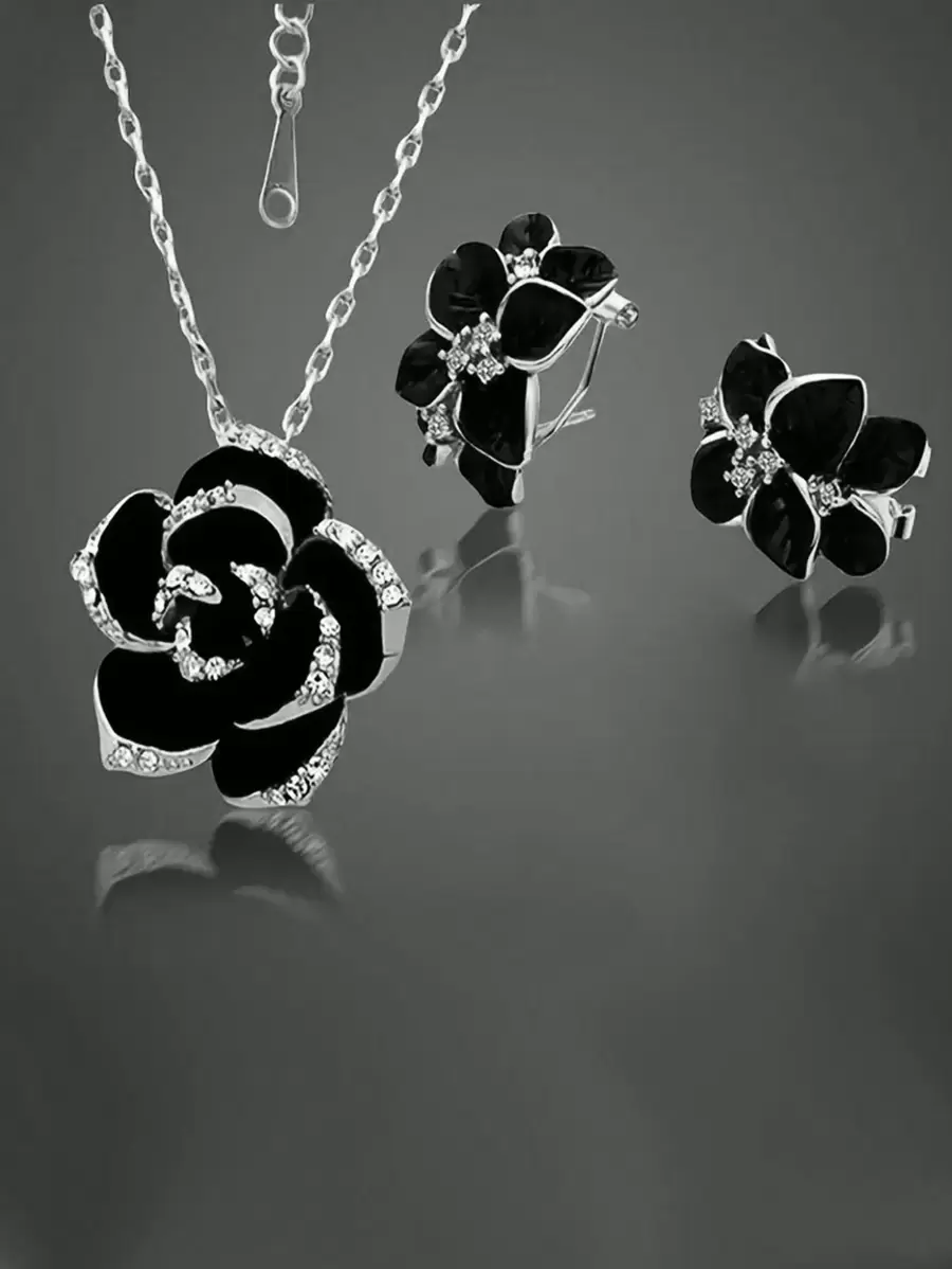 3pcs/Set Fashion Elegant Black Rose Flower Jewelry Set (Earrings & Necklace), Wedding Party Bride Accessories - Silver - View 1