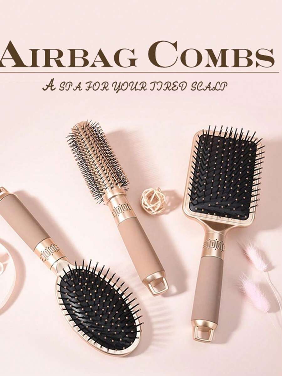 1pc Golden Detangling Hair Brush, Anti-Static Smoothing Hair Brush With 4 Styles: Square Air Cushion Brush, Oval Air Cushion Brush, Flat Brush, Curling Brush, Suitable For Women Home Makeup Vanity,Hair Brush,Comb,Hair Tools,Hair Products And Accessories For Barber Salon Beauty Travel Essentials